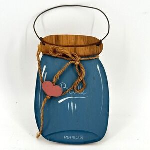 Hand Painted Wooden Mason Jar Wall‎ Hanging Blue Rustic Farmhouse Decor Heart